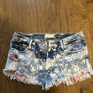 Free People Blue and White Distressed Jean Shorts